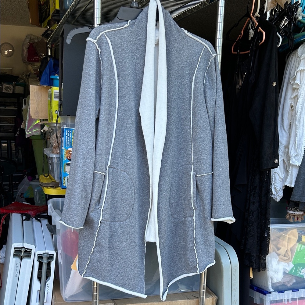 Women's Gray Teddy Open-Front Jacket with Cream Trim